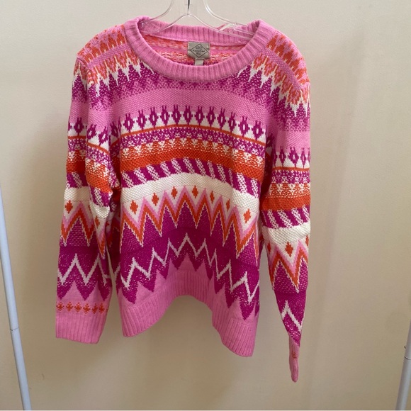 St John's Bay Fair Isle Geometric Crewneck Sweater pink/orange Sz XL - Picture 2 of 6